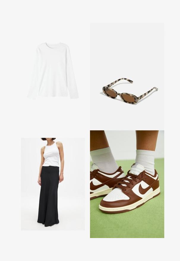 Camiseta de manga larga en algodón blanco. Diseño de cuello redondo, textura suave y sin patrones ni gráficos visibles. Ajuste casual con corte recto.; Falda negra hasta el suelo hecha de tejido suave, con una cintura ajustada y un ligero vuelo hacia el dobladillo. Combinada con una camiseta sin mangas blanca.; Zapatillas de cuero marrón y blanco con puntera perforada, acentos texturizados y cordones planos. El modelo presenta un diseño de tobillo bajo y suela de goma.; Gafas de sol carey con lentes ovalados, tintado marrón y lados delgados con un patrón. Material plástico ligero con sutiles acentos dorados.