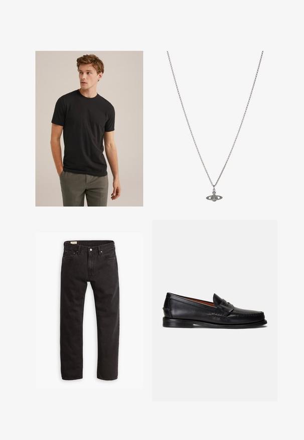 Mladý muž s kučeravými svetlohnedými vlasmi, oblečený v čiernom tričku s krátkymi rukávmi a šedých nohaviciach, pozerajúci doľava s rukami v vreckách.; Čierne džíny z denimu so strihom rovného strihu, s klasickým dizajnom piatich vreciek, jemným prešitím a kovovým zapínaním.; Čierne kožené mokasíny s hladkým povrchom, zaoblenou špičkou a ozdobným pásikom cez hornú časť. Majú nízku čiernu podrážku.; Strieborný retiazkový náhrdelník s detailným príveskom v tvare planéty, zdobený malými akcentmi a zložitými vzormi.