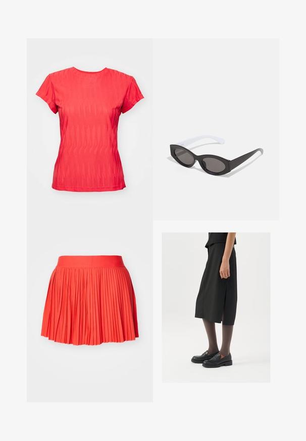 Camiseta roja de manga corta con un patrón ondulado texturizado, cuello redondo y un ajuste ligeramente holgado. La tela parece ligera y transpirable.; Falda plisada roja con una cinturilla ancha, hecha de una tela ligera. Presenta pliegues verticales que se extienden por toda la prenda.; Falda negra hasta la rodilla con abertura lateral, combinada con mocasines negros y medias marrones transparentes, con una tela suave y diseño sencillo.; Gafas de sol negras en forma ovalada con un acabado brillante y gruesos marcos; las patillas blancas se estrechan gradualmente, con lentes oscurecidos.