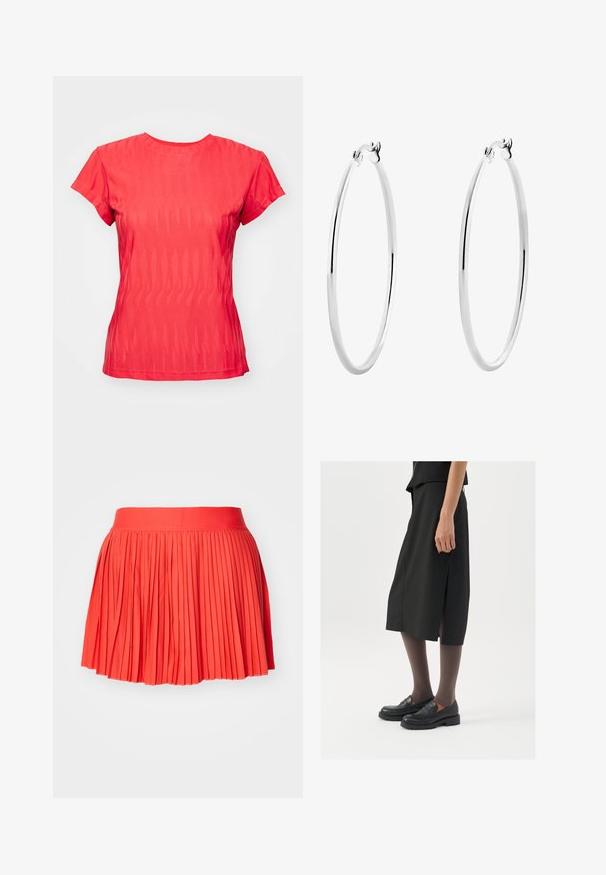 Rdeča kratkovrata majica z teksturirano valovito vzorčno, okroglo ovratnikom in rahlo ohlapnim krojem. Tkanina je videti lahka in zračna.; Rdeča plisirana krila s širokim pasom, izdelana iz lahkega materiala. Ima vertikalne plisirane oblikovane po celotnem oblačilu.; Črna krila do kolen z bočnim razporkom, v kombinaciji s črnimi loaferji in prosojnimi rjavimi nogavicami, ki imajo gladko tkanino in preprost dizajn.; Srebrni obroči za ušesa z gladko, polirano površino in tanko, okroglo obliko. Oblikovanje vključuje varen zaponko.