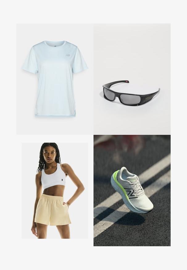 New Balance T-shirt de sport - frosted glass; Un soutien-gorge de sport blanc et un short jaune clair se distinguent par une taille élastique, une texture lisse et une coupe décontractée avec des poches latérales.; Baskets de course New Balance blanches et vert fluo en l'air au-dessus de l'asphalte avec des marquages blancs.; Lunettes de soleil noires Oakley en forme d'enroulement avec des verres rectangulaires foncés et des bras courbés sur un fond blanc uni.