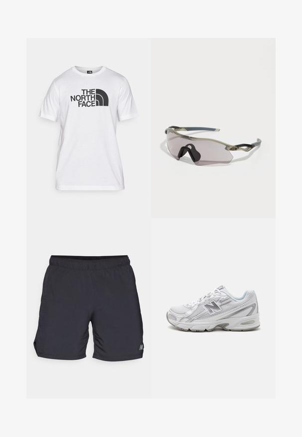 Witte katoenen t-shirt met een zwart graphic print met tekst en een gebogen logo-ontwerp. Ronde halslijn en korte mouwen. Effen textuur.; Zwarte sportshorts van lichtgewicht stof, met een elastische tailleband en zijsplitten voor bewegingsvrijheid. Minimaal merklogo aan de zijkant.; Witte sportieve schoen met een bovenwerk van mesh, reflecterende accenten en een gevoerde zool. Heeft een ronde neus en een vetersysteem voor een veilige pasvorm.; Zonnebril met een doorschijnend grijze frame, getinte lenzen en een hoekig ontwerp. Heeft een kenmerkend neusstuk en gestructureerde donkergrijze tempels.