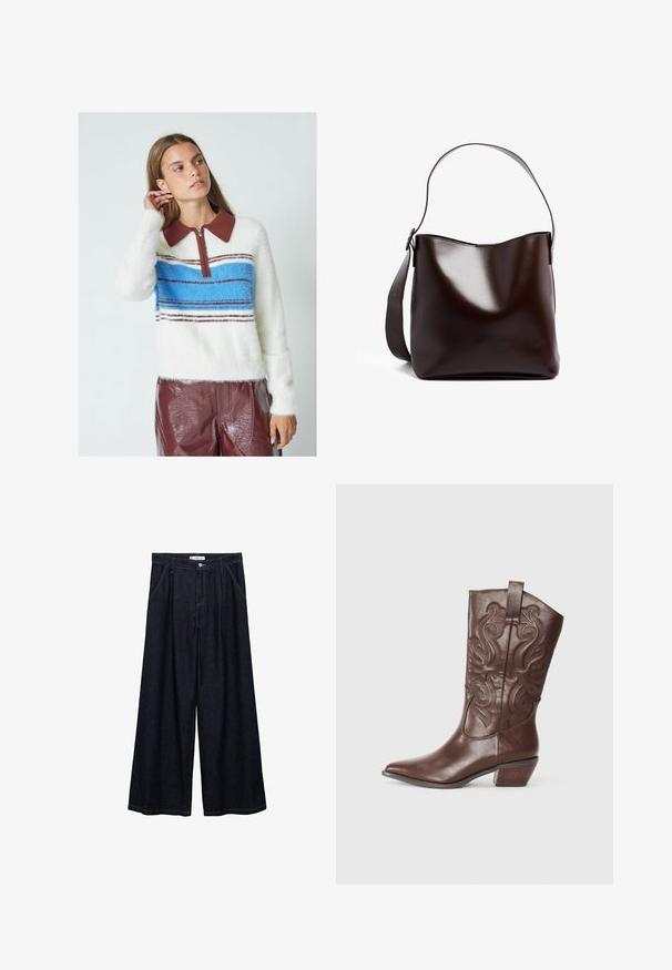 Puchaty biały sweter z brązowym kołnierzem, z zamek błyskawiczny i niebieskimi poziomymi paskami, w zestawie z błyszczącymi burgundowymi spodniami.; Ciemnoniebieskie spodnie o szerokich nogawkach z wysokim stanem, z zamknięciem na guzik z przodu, dwoma bocznymi kieszeniami oraz detalami w szwach.; Brązowy skórzany but kowbojski z ostrym czubkiem, ozdobnym przeszyciem na cholewce oraz niskim, zstackowanym obcasem. Gładka tekstura z polerowanym wykończeniem.; Brązowa skórzana torba na ramię o gładkiej, błyszczącej powierzchni. Posiada zaokrąglony górny brzeg i szeroki pasek. Prosty design bez ozdób.