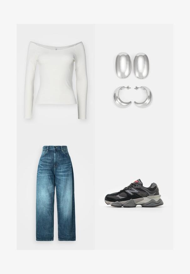 Balta off-the-shoulder ilgu piedurkņu blūze, izgatavota no ribota materiāla. Pieguļošs dizains ar gludu faktūru un taisnu apakšmalu.; Augstas jostas platās kājas džinsi vidēji zilā džinsu audumā, ar izbalējušu apdari, tradicionālas kabatu dizainu un pogu aizdari priekšā.; Melna un pelēka sporta apavi ar suede un sieta materiālu kombināciju, bieza zole, izteikts logs un sarkana akcents uz mēles.; Sudraba krāsas auskari: divi ovāli studu auskari un divi pusmēness formas gredzeni, ar gludu, spīdīgu apdari un noapaļotu dizainu.