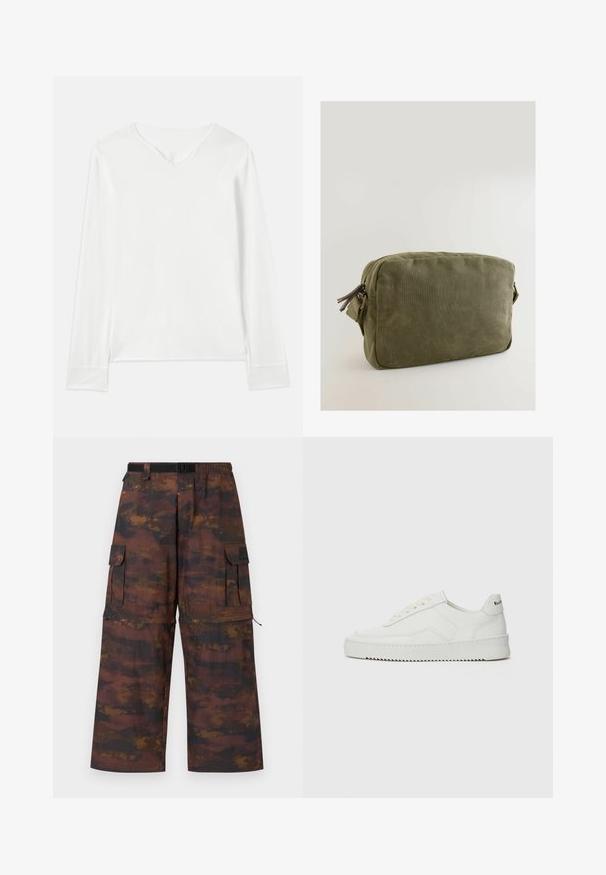 Biała bluzka z długim rękawem i dekoltem w kształcie litery V, o miękkiej teksturze i bocznych rozcięciach. Charakteryzuje się prostym designem bez ozdób czy wzorów.; Spodnie cargo w brązowym, teksturowanym materiale z wyblakłym, abstrakcyjnym wzorem. Posiadają szerokie nogawki, elastyczny pasek w talii oraz liczne kieszenie.; Białe skórzane sneakersy o gładkim wykończeniu, okrągłym nosku, płaskich sznurówkach i teksturowanej podeszwie. Charakteryzują się delikatnym logo na pięcie.; Zielona oliwkowa torba wykonana z płótna o prostokątnym kształcie, z zamkiem błyskawicznym i skórzanymi akcentami przy uchwycie zamka.