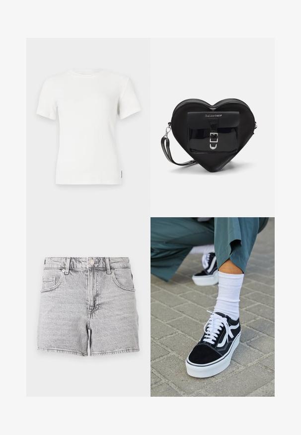 Balti juostuota trumpomis rankovėmis marškinėliai su apvaliu dekolažu. Minkšta tekstūra, prigludęs dizainas ir minimalūs siuvinėjimo detalės.; Pilkos džinsinės šortai su aukštu juosmeniu, penkių kišenių dizainu ir sušalusių kraštų. Medžiaga turi švelnų tekstūrą ir išblukusią išvaizdą.; Juodas zomšinės sportbačiai su baltais akcentais ir raišteliais, turintys storą baltą padą ir kontrastingą siuvinėjimą, derinami su balta kojine.; Juodas širdelės formos maišelis, pagamintas iš lakinės odos, su priekinėmis kišenėmis, uždarančiomis sagtimi ir nuimamu dirželiu. Sidabro spalvos detalės.