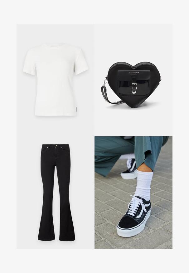 T-shirt à manches courtes côtelé blanc avec un col rond. Texture douce, design ajusté et détails de couture minimalistes.; Jeans noirs taille haute avec jambes évasées, fermeture par bouton et zip à l'avant, et style à cinq poches sur fond blanc.; Baskets en suède noir avec des accents et des lacets blancs, présentant une épaisse semelle blanche et des coutures contrastantes, associées à une chaussette blanche.; Sac en forme de cœur noir en cuir verni avec une poche avant dotée d'une fermeture à boucle et d'une bandoulière amovible. Accents en métal argenté.