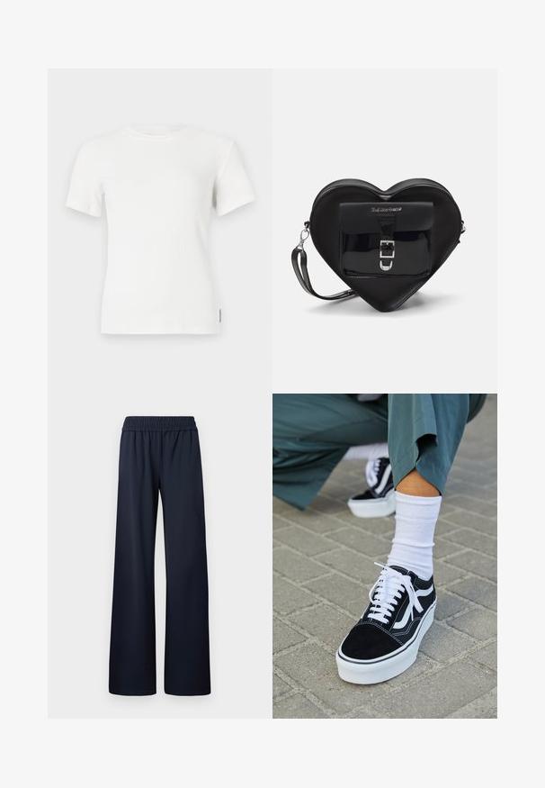 Fehér bordázott, rövid ujjú póló kerek nyakkivágással. Puha tapintás, testhezálló kialakítás és minimális varrási részletek.; Sötétkék, bő szárú nadrág, sima anyagból készült, rugalmas derékkal és teljes hosszúságú kialakítással, további részletek nélkül.; Fekete nubuk sportcipő fehér díszítéssel és fűzővel, vastag fehér talppal és kontrasztos varrással, fehér zoknival párosítva.; Fekete szív alakú táska lakkbőrből, elülső zsebbel, csattal záródik és levehető pánttal rendelkezik. Ezüst színű kiegészítők.