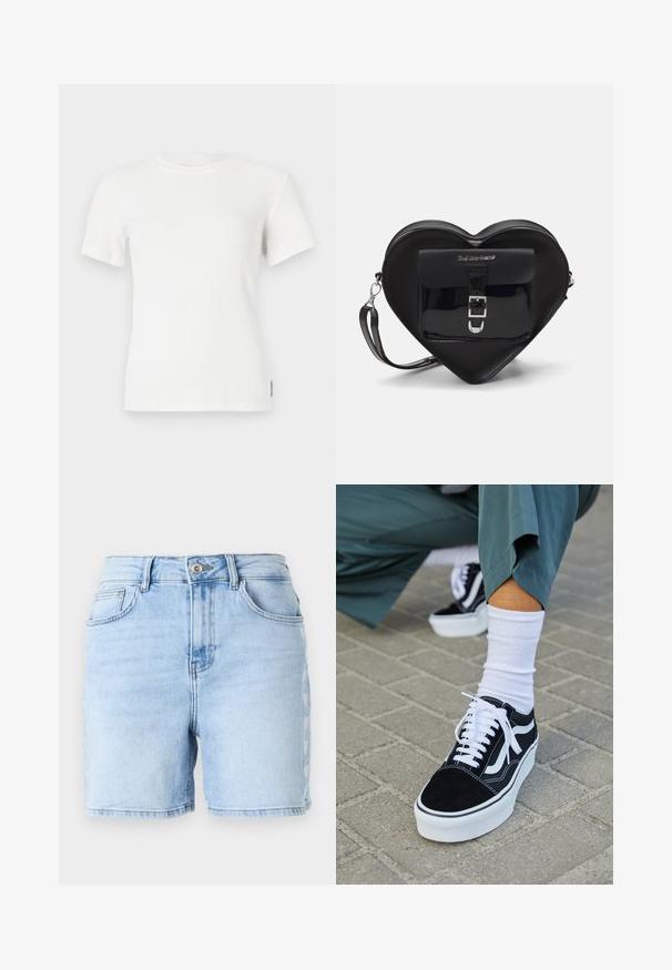 Camiseta blanca de manga corta con cuello redondo. Textura suave, diseño ajustado y detalles de costura mínimos.; Pantalones cortos de mezclilla azul claro con cintura alta, dobladillo sin acabados, cinco bolsillos y un patrón de costura decorativa en los laterales. Fabricados en tela de algodón.; Zapatillas de ante negro con acentos y cordones blancos, que cuentan con una gruesa suela blanca y costuras en contraste, combinadas con un calcetín blanco.; Bolso negro con forma de corazón, hecho de cuero ecológico, con un bolsillo frontal que presenta un cierre de hebilla y una correa desmontable. Detalles en metal plateado.