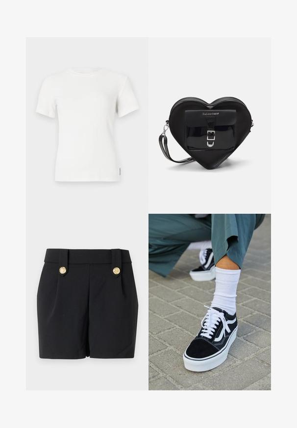 Fehér bordázott, rövid ujjú póló kerek nyakkivágással. Puha tapintás, testhezálló kialakítás és minimális varrási részletek.; Fekete, testre szabott rövidnadrág, aranyszínű díszgombokkal és sima textúrával. Nincsenek zsebek és látható varratok.; Fekete nubuk sportcipő fehér díszítéssel és fűzővel, vastag fehér talppal és kontrasztos varrással, fehér zoknival párosítva.; Fekete szív alakú táska lakkbőrből, elülső zsebbel, csattal záródik és levehető pánttal rendelkezik. Ezüst színű kiegészítők.