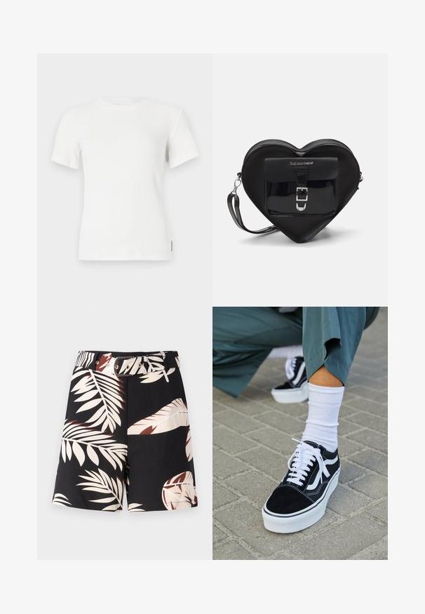 Biele rebrované tričko s krátkym rukávom a okrúhlym výstrihom. Mäkká textúra, priliehavý strih a minimálne švy.; Čierne šortky s tropickým vzorom listov v béžovej a hrdzavej farbe. Obsahujú zodpovedajúci opasok so zlatými kovovými prvkami a klasický strih.; Čierne semišové tenisky s bielymi akcentmi a šnúrkami, s hrubou bielou podrážkou a kontrastným prešívaním, doplnené o bielu ponožku.; Čierna taška v tvare srdca vyrobená z lakovanej kože má predné vrecko so zapínaním na pracku a odnímateľný popruh. Strieborné kovanie.