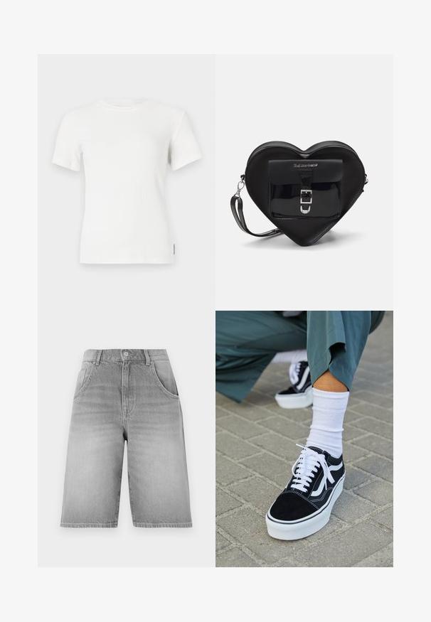 Valkoinen ribbattu lyhythihainen t-paita pyöreällä kaula-aukolla. Pehmeä rakenne, istuva malli ja vähäiset ompeluyksityiskohdat.; Harmaat farkkushortsit, joissa on suora leikkaus, napitettu ja vetoketjukiinnitys, kaksi etutaskua ja haalistunut pinta.; Mustat mokkakengät valkoisilla yksityiskohdilla ja nauhoilla, joissa on paksu valkoinen pohja ja kontrastivärinen ommel, yhdistettynä valkoiseen sukkaan.; Mustan sydämenmuotoisen laukun, joka on valmistettu lakatun nahasta, etupussissa on solki sulkeminen ja irrotettava hihna. Hopeiset kivetekstit.