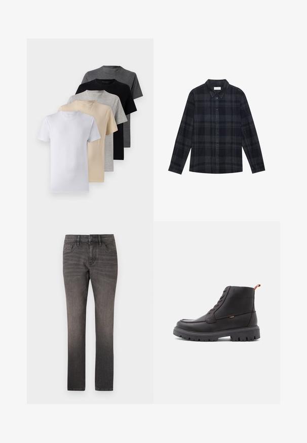 Sett med fem kortermede t-skjorter i hvit, beige, lys grå, mørk grå og svart. Laget av glatt bomull, med rund hals design.; Svart og grå rutete skjorte laget av flanell, med knapplukking foran, lange ermer og en klassisk kragedesign.; TOM TAILOR JOSH - Jeans straight leg - used dark stone black denim; Brune skinn ankelsko med rund tå, tone-i-tone søm, robust svart gummisåle og oransje trekkstrop på hælen.