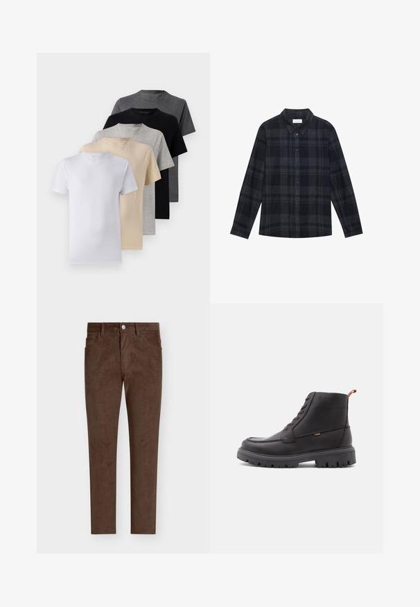 Zestaw pięciu t-shirtów z krótkim rękawem w kolorach białym, beżowym, jasnoszarym, ciemnoszarym i czarnym. Wykonane z gładkiej bawełny, z klasycznym dekoltem.; Czarna i szara koszula w kratę z flaneli, z zapinanym przodem na guziki, długimi rękawami oraz klasycznym kołnierzykiem.; Brązowe spodnie sztruksowe o prostym kroju, z zapięciem na guzik, kieszeniami z przodu oraz pionowymi żebrowaniami w całej powierzchni.; Brązowe skórzane botki za kostkę z okrągłym noskiem, tonowym przeszyciem, solidną czarną gumową podeszwą oraz pomarańczową pętelką na pięcie.