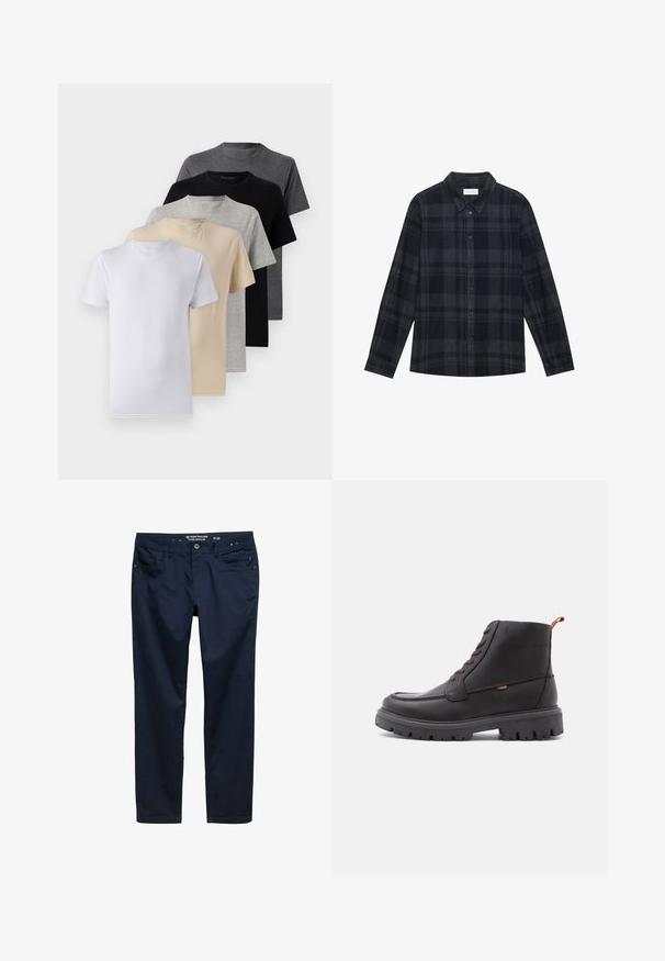 Viie lühikese varrukaga T-särgi komplekt, mis sisaldab valget, beeži, heletüüki, tumehallit ja musta. Valmistatud siledast puuvillast, ümmarguse kaela disainiga.; Mustri musta ja hall flanellist särk, mis on varustatud nööpide ja klassikalise kraega, pikad varrukad.; Tumesinised püksid sujuvast puuvillakangast, regulaarsest lõikest, viie taskuga ning luku ja nööbiga kinnitusega.; Pruunist nahast pahkluu saapad, ümarate varvastega, ühtlase õmblusega, robustse musta kummitallaga ning oranži tõmbepaela ehk silmusegaga kannal.