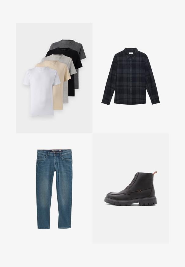 Komplet petih kratkih majic s kratkimi rokavi v beli, bež, svetlo sivi, temno sivi in črni barvi. Narejene so iz gladkega bombaža in imajo krojen ovratnik.; Črna in siva karirana srajca iz flanela, z gumbasto zapenjanjem spredaj, dolgimi rokavi in klasičnim ovratnikom.; Modre jeans hlače z zožanjem, zasnova s petimi žepi in rdečim notranjim pasom. Imajo logotip na zadnjem žepu.; Rjave usnjene gležnjarje s okroglo konico, tonom podobnim šivanjem, trdim črnim gumijastim podplatom in oranžnim trakom na peti.