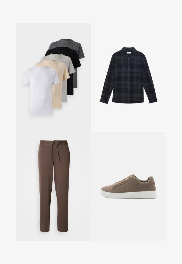 Ensemble de cinq t-shirts à manches courtes en blanc, beige, gris clair, gris foncé et noir. Fabriqués en coton doux, présentant un design à col rond.; Chemise en flanelle à carreaux noirs et gris, avec un devant à boutons, des manches longues et un design de col classique.; Pantalons de survêtement marron en matériau doux, dotés d'une taille à cordon de serrage, d'une fermeture à bouton et de jambes droites sans motifs ni accents visibles.; Baskets en daim marron avec des semelles en caoutchouc blanc plat, design lacé, bout rond et texture lisse. Style minimaliste avec des détails de couture subtils.