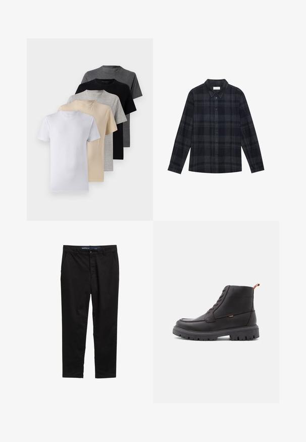 Set aus fünf Kurzarm-T-Shirts in Weiß, Beige, Hellgrau, Dunkelgrau und Schwarz. Hergestellt aus glattem Baumwollmaterial, mit Rundhalsausschnitt.; Schwarz-graues Karomuster-Hemd aus Flanell, mit einer Knopfleiste vorne, langen Ärmeln und einem klassischen Kragendesign.; Schwarze Chinos aus einem Baumwollmischgewebe. Verfügt über ein gerades Bein Design, zwei seitliche Taschen und einen Metallknopfverschluss an der Taille.; Braune Leder-Ankle Boots mit runder Spitze, tonalem Nähen, robustem schwarzen Gummisohle und orangefarbenem Zugband an der Ferse.