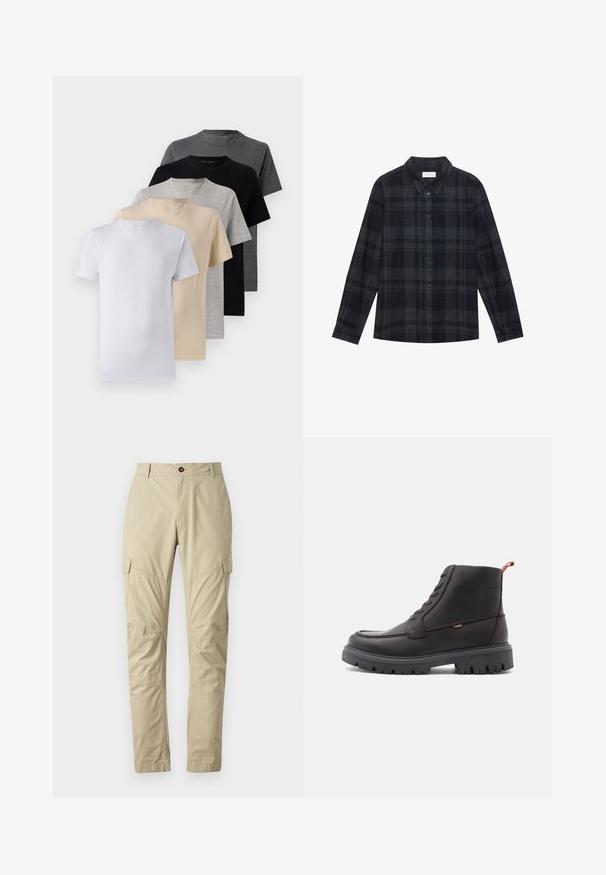 Zestaw pięciu t-shirtów z krótkim rękawem w kolorach białym, beżowym, jasnoszarym, ciemnoszarym i czarnym. Wykonane z gładkiej bawełny, z klasycznym dekoltem.; Czarna i szara koszula w kratę z flaneli, z zapinanym przodem na guziki, długimi rękawami oraz klasycznym kołnierzykiem.; Beżowe spodnie cargo wykonane z lekkiego materiału, z wieloma kieszeniami, zapięciem na guzik oraz zwężanym krojem nogawek. Gładka tekstura.; Brązowe skórzane botki za kostkę z okrągłym noskiem, tonowym przeszyciem, solidną czarną gumową podeszwą oraz pomarańczową pętelką na pięcie.