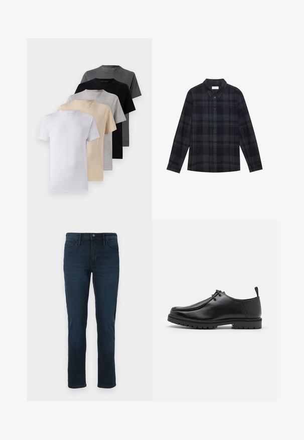 Zestaw pięciu t-shirtów z krótkim rękawem w kolorach białym, beżowym, jasnoszarym, ciemnoszarym i czarnym. Wykonane z gładkiej bawełny, z klasycznym dekoltem.; Czarna i szara koszula w kratę z flaneli, z zapinanym przodem na guziki, długimi rękawami oraz klasycznym kołnierzykiem.; Granatowe dżinsy o prostym kroju, z pięcioma kieszeniami, z zapięciem na guzik i delikatnym przetarciem z przodu.; Czarne skórzane buty zapinane na sznurowadła z wytrzymałą podeszwą i uchwytem na pięcie, pokazane z boku na białym tle.