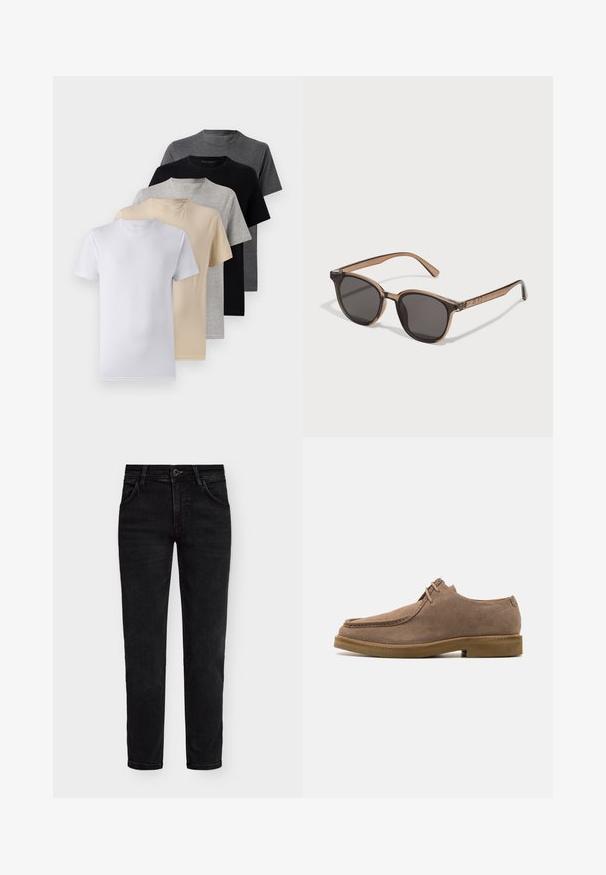 Sada piatich tričiek s krátkym rukávom v bielej, béžovej, svetlošedej, tmavošedej a čiernej farbe. Vyrobené z hladkej bavlny, s dizajnom okrúhleho výstrihu.; Hnedá vlnená košeľa s gombíkmi a špicatým golierom, dvoma náprsníkovými vreckami a čiernymi gombíkmi. Hladká textúra s uvoľneným strihom.; Čierne džínsy z denimu s klasickým strihom, s džezom na zips, gombíkovým zapínaním a piatimi vreckami. Hladučký povrch a klasický dizajn.; Zign LEATHER - Neformálne šnurovačky - taupe; Hnedé plastové slnečné okuliare s tmavými šošovkami, zaobleným tvarom a zužujúcimi sa ramenami. Výrazná ozdoba na spánkoch.; Čierna športová taška s hrubými uchami a odnímateľným popruhom. Vyrobená z hladkej tkaniny, s uzatváraním na zips a minimalistickým dizajnom.