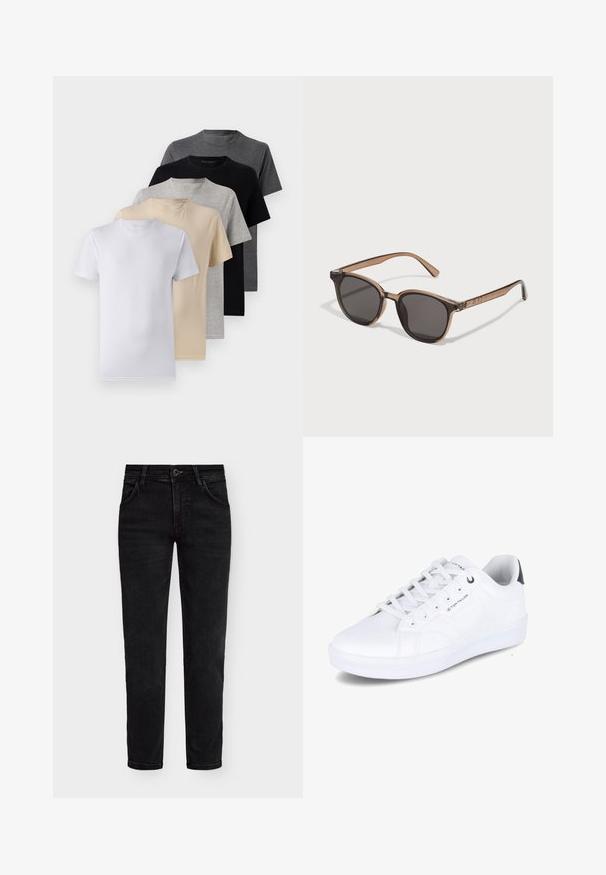 Set di cinque t-shirt a manica corta in bianco, beige, grigio chiaro, grigio scuro e nero. Realizzate in cotone morbido, con design a girocollo.; Camicia button-up in lana marrone con colletto a punta, due tasche sul petto e bottoni neri. Tessuto morbido con una vestibilità rilassata.; Jeans in denim nero con una vestibilità regolare, dotati di chiusura con zip, bottone e cinque tasche. Texture liscia e design classico.; Sneaker bianco, materiale sintetico liscio, design basso, punta tonda, sei fori per i lacci, dettaglio del logo laterale, accento scuro in contrasto sul tallone.; Occhiali da sole in plastica marrone con lenti scure, forma arrotondata e bracci affusolati. Decorazione notevole sulle tempie.; Borsa da viaggio nera con manici spessi e una tracolla removibile. Realizzata in tessuto liscio, presenta una chiusura a zip e un design minimalista.