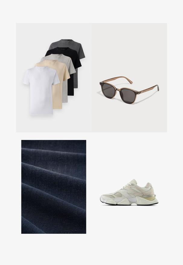 Sada pěti triček s krátkým rukávem v bílé, béžové, světle šedé, tmavě šedé a černé barvě. Vyrobena z hladké bavlny, s designem kulatého výstřihu.; Hnědá vlněná košile na knoflíky s špičatým límcem, dvěma náprsními kapsami a černými knoflíky. Hladká textura a uvolněný střih.; Tmavě modrá denímová látka s žebrovanou texturou, vykazující záhyby a vlny, zvýrazňující její hmotnost a odolnost.; Bílé tenisky s vrchní částí z prodyšné síťoviny a semiše, zaoblenou špičkou a polstrovaným límcem. Mají reflexní akcenty a silnou, strukturovanou podrážku.; Hnědé plastové sluneční brýle s tmavými skly, kulatý tvar a zúžené nožky. Výrazná ozdoba na stranicích.; Černá dufflová taška s pevnými rukojeťmi a odnímatelným popruhem. Vyrobena z hladkého materiálu, disponuje zipovým uzávěrem a minimalistickým designem.