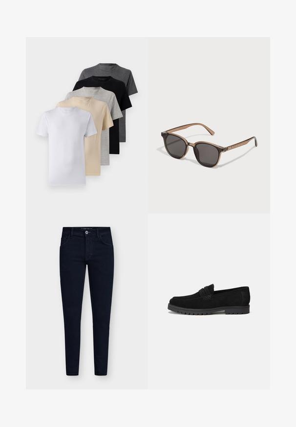 Set di cinque t-shirt a manica corta in bianco, beige, grigio chiaro, grigio scuro e nero. Realizzate in cotone morbido, con design a girocollo.; Jeans slim-fit di un azzurro scuro, con cinque tasche, chiusura a bottone e un robusto tessuto di denim. Presentano un design classico e cuciture minime.; Mocassini in suede nero con punta arrotondata e un accento cucito sulla parte anteriore. Suola in gomma con battistrada visibile per una maggiore aderenza.; Occhiali da sole in plastica marrone con lenti scure, forma arrotondata e bracci affusolati. Decorazione notevole sulle tempie.