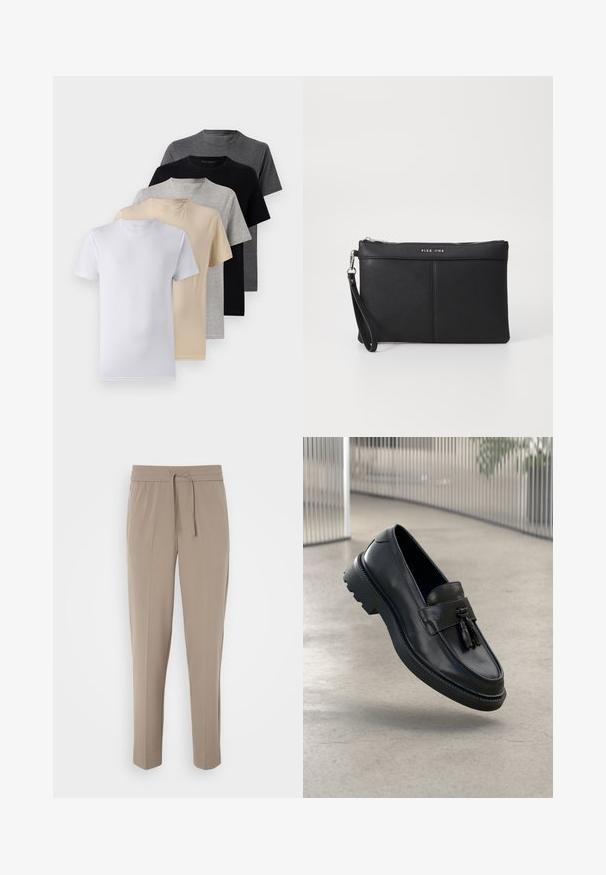 Set di cinque t-shirt a manica corta in bianco, beige, grigio chiaro, grigio scuro e nero. Realizzate in cotone morbido, con design a girocollo.; Pantaloni beige chiaro con cintura elastica, cordoncino regolabile e gamba affusolata. Il tessuto appare liscio con una lieve lucentezza.; Mocassini in pelle nera con finitura liscia, nappe decorative, suola spessa in gomma e dettagli cuciti. Design leggero ed elegante.; Clutch sintetico nero con chiusura a zip, cinturino da polso e una texture liscia. Presenta cuciture sottili e un logo impresso sul davanti.