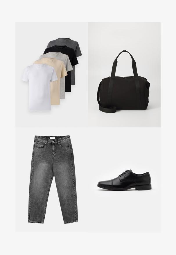 Sett med fem kortermede t-skjorter i hvit, beige, lys grå, mørk grå og svart. Laget av glatt bomull, med rund hals design.; Svarte, tvättade, rette jeaner med front- og baklommer, beltehemper og knappelukking i livet.; Sorte skinnsko med spiss tå, snøring, subtile sømdetaljer og en lav, teksturert gummisåle.; Svart duffelbag med tykke håndtak og et avtakbart strop. Laget av glatt stoff, med glidelås og minimalistisk design.