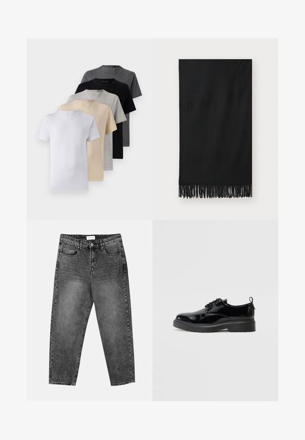 Penki trumpomis rankovėmis marškiniai, baltos, smėlio, šviesiai pilkos, tamsiai pilkos ir juodos spalvų. Pagaminti iš švelnaus medvilnės, suapvalinto kaklo dizainu.; Juodos plačios tiesios kojų džinsai su priekinėmis ir galinėmis kišenėmis, dirželių kilpomis ir sagčių uždarymu klubų srityje.; Juodos lakuotos odinės bateliai su storu guminiu padu ir kulno kilpa, rodomi iš vidinės pusės ant baltos fono.; Juodas šalikėlis su kutais; pagamintas iš minkštos medžiagos ir turi lygų paviršių. Stačiakampio formos, tinkantis įvairiems stiliaus variantams.