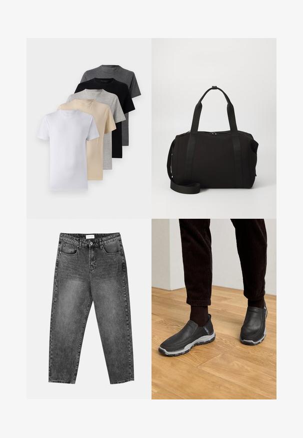 Öt darab rövid ujjú póló szett fehér, bézs, világosszürke, sötétszürke és fekete színekben. Simaságot biztosító pamutból készült, kerek nyakkivágással.; Fekete mosott elegáns egyenes szárú farmernadrág, elülső és hátsó zsebekkel, övhurkokkal és gombos záródással a deréknál.; Fekete slip-on cipők, texturált bőr felsőrésszel és szürke gumi talppal, egy fagerendás padlóval és kordbársony nadrággal összeállítva.; Fekete sporttáska vastag fogantyúkkal és levehető pánttal. Sima anyagból készült, cipzáras záródással és minimalista dizájnnal rendelkezik.