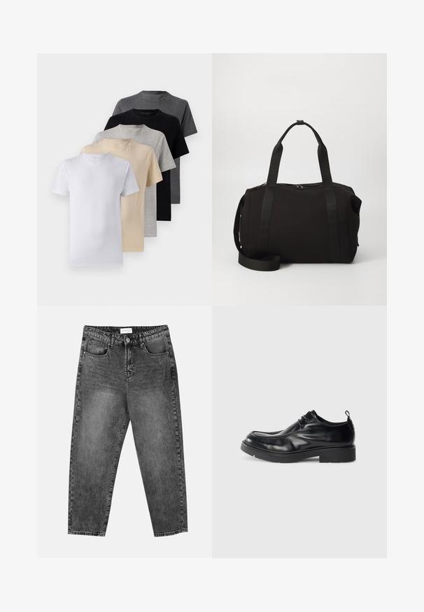 Set of five short-sleeve t-shirts in white, beige, light gray, dark gray, and black. Made of smooth cotton, featuring crew neck design.; Black washed straight-leg jeans with front and back pockets, belt loops, and a button closure at the waist.; Black leather dress shoe with rounded toe, lace-up front, and a decorative seam. Features a thick, textured rubber sole and a heel tab.; Black duffel bag with thick handles and a detachable strap. Made of smooth fabric, featuring a zip closure and minimalist design.