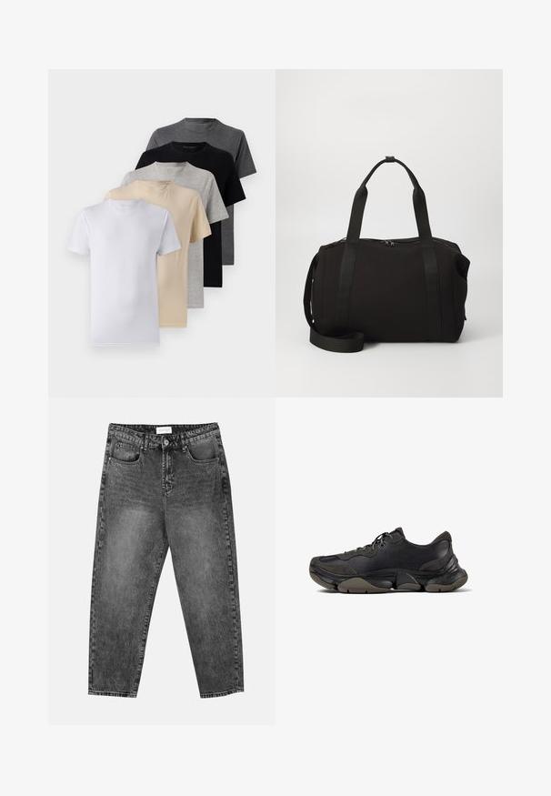Set de cinci tricouri cu mânecă scurtă în alb, bej, gri deschis, gri închis și negru. Fabricate din bumbac fin, cu un design de gât rotund.; Blugi negri cu croială dreaptă, spălați, cu buzunare frontale și posterioare, curea și un sistem de închidere cu nasture la talie.; Adidași sport negri cu talpă texturată, partea superioară din piele și suede, guler captusit și închidere cu șireturi, prezentati în profil lateral.; Geantă de tip duffel neagră, cu mânere groase și o curea detașabilă. Fabricată dintr-un material neted, având închidere cu fermoar și un design minimalist.