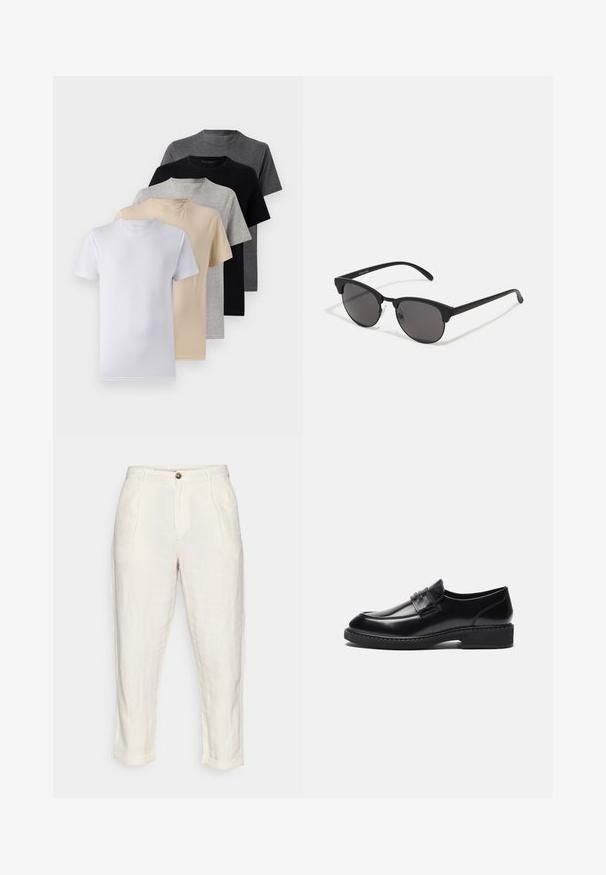 Komplet petih kratkih majic s kratkimi rokavi v beli, bež, svetlo sivi, temno sivi in črni barvi. Narejene so iz gladkega bombaža in imajo krojen ovratnik.; Platnen hlače v beli barvi z visokim pasom, z gubami, sprednjim zapiranjem na gumb in zavitimi robovi. Gladka tekstura.; Zign LEATHER - Elegantni čevlji brez vezalk - black; Črne sončna očala z okroglimi lečami, mat površino in značilno obliko mačjih oči. Tanke nogice z diskretnim logotipom na levem templju.