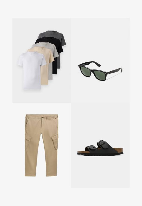 Set aus fünf Kurzarm-T-Shirts in Weiß, Beige, Hellgrau, Dunkelgrau und Schwarz. Hergestellt aus glattem Baumwollmaterial, mit Rundhalsausschnitt.; Beige Cargo-Hosen mit mehreren Taschen, einem Reißverschluss und Gürtelschlaufen. Aus Baumwollstoff gefertigt, verfügen sie über ein gerades Bein-Design und dezente Nähte.; Schwarze Sandale mit zwei Riemen und verstellbaren Schnallen, Korkfußbett und strukturiertem Gummiprofil. Hat ein flaches, offenes Design für einfachen Tragekomfort.; Schwarze Plastiksonnenbrille mit grünen Gläsern, quadratischen Rahmen, silbernem Akzent auf der Augenbraue und strukturierten Bügeln. Angegebene Marke auf dem inneren Bügel.