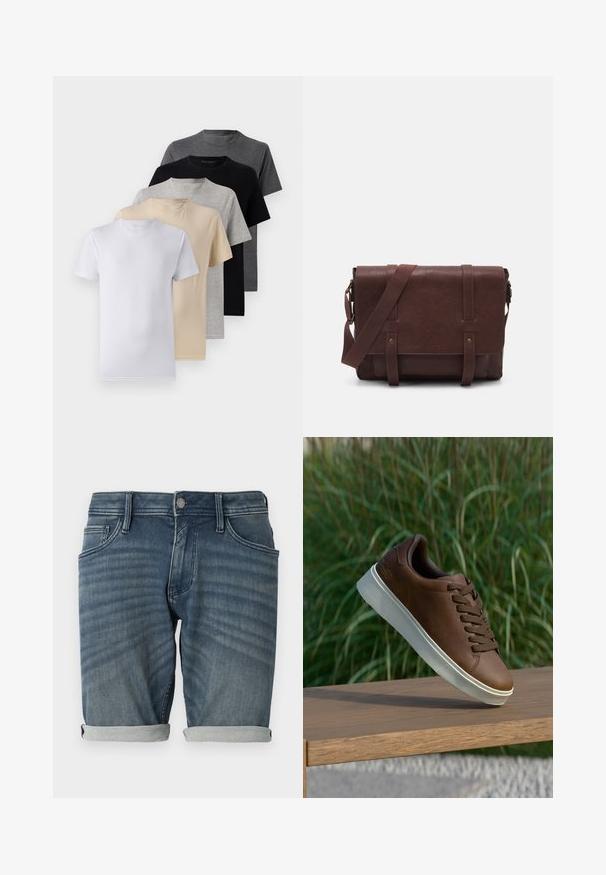 Conjunto de cinco camisetas de manga corta en blanco, beige, gris claro, gris oscuro y negro. Hechas de algodón suave, con un diseño de cuello redondo.; Pantalones cortos de mezclilla en azul claro a medio con un lavado desvaído, que presentan un dobladillo enrollado, cinco bolsillos y un cierre de botón metálico en la cintura.; Zapatilla de cuero marrón con suela de goma blanca, puntera redondeada y cordones marrones. Agarre texturizado en la suela y acabado suave en la parte superior.; Bandolera de cuero marrón con una tapa frontal plana, dos correas, detalles en metal dorado y una correa para el hombro ajustable.