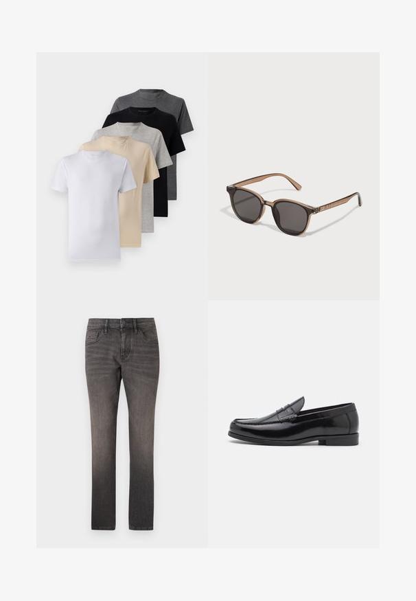 Set de cinci tricouri cu mânecă scurtă în alb, bej, gri deschis, gri închis și negru. Fabricate din bumbac fin, cu un design de gât rotund.; TOM TAILOR JOSH - Blugi drepți - used dark stone black denim; Mocasini din piele neagră, cu vârf rotunjit, cusături decorative și toc mic. Textură netedă cu un luciu subtil. Design clasic, fără ornamentații.; Ochelari de soare din plastic maro cu lentile închise, formă rotundă și brațe conice. Embelisment notabil pe tâmple.