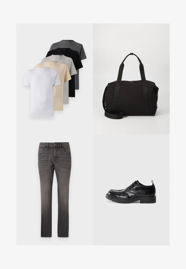 Set van vijf T-shirts met korte mouwen in wit, beige, lichtgrijs, donkergrijs en zwart. Gemaakt van gladde katoen en voorzien van een ronde hals.; TOM TAILOR JOSH - Straight leg jeans - used dark stone black denim; Zwarte leren dresscode met ronde neus, vetersluiting aan de voorkant en een decoratieve naad. Beschikt over een dikke, gestructureerde rubberen zool en een hieltab.; Zwarte sporttas met dikke handvatten en een afneembare schouderband. Gemaakt van een gladde stof, met een ritssluiting en een minimalistisch ontwerp.