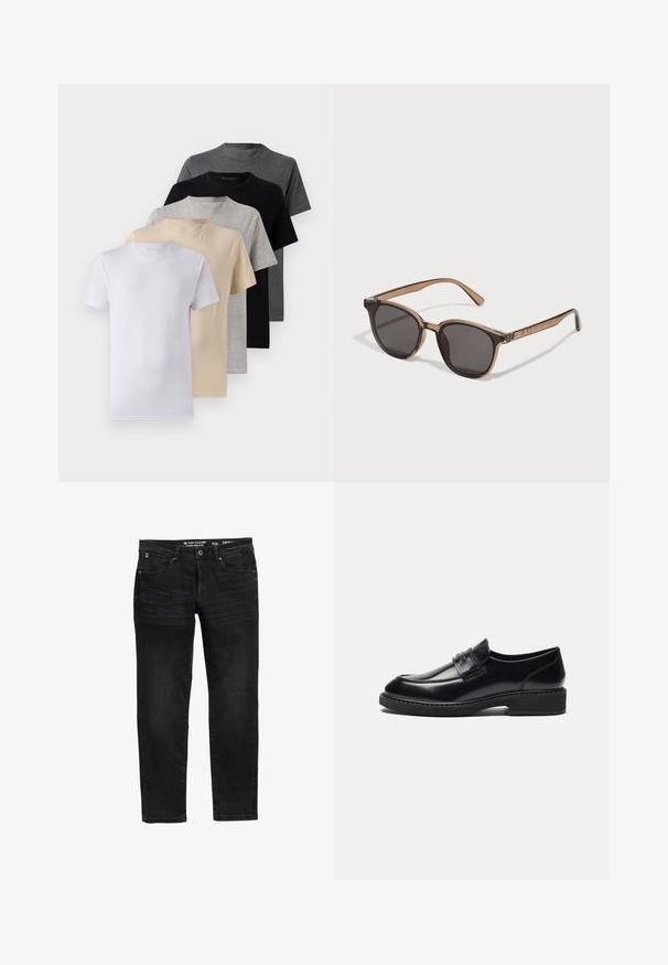 Öt darab rövid ujjú póló szett fehér, bézs, világosszürke, sötétszürke és fekete színekben. Simaságot biztosító pamutból készült, kerek nyakkivágással.; Fekete farmernadrág egyenes szabással, gombbal és cipzárral záródik, öt zsebe van, és diszkrét mosási részletek jellemzik.; Zign LEATHER - Alkalmi belebújós cipők - black; Barna műanyag napszemüveg sötét lencsékkel, kerek formával és szűkített szármokkal. Figyelemre méltó díszítés a templomokon.; Fekete sporttáska vastag fogantyúkkal és levehető pánttal. Sima anyagból készült, cipzáras záródással és minimalista dizájnnal rendelkezik.