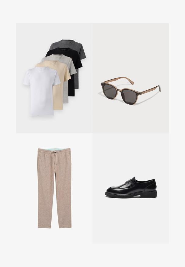 Set aus fünf Kurzarm-T-Shirts in Weiß, Beige, Hellgrau, Dunkelgrau und Schwarz. Hergestellt aus glattem Baumwollmaterial, mit Rundhalsausschnitt.; Hellbraune, weichtexturierte Hose mit lockerem Sitz, ausgestattet mit einem elastischen Bund und einer Kordel für anpassbaren Komfort.; Zign LEATHER - Business-Slipper - black; Braune Kunststoffsonnenbrille mit dunklen Gläsern, runder Form und verjüngten Bügeln. Auffällige Verzierungen an den Schläfen.; Schwarze Duffeltasche mit dicken Griffen und einem abnehmbaren Schultergurt. Hergestellt aus glattem Material, ausgestattet mit einem Reißverschluss und einem minimalistischen Design.