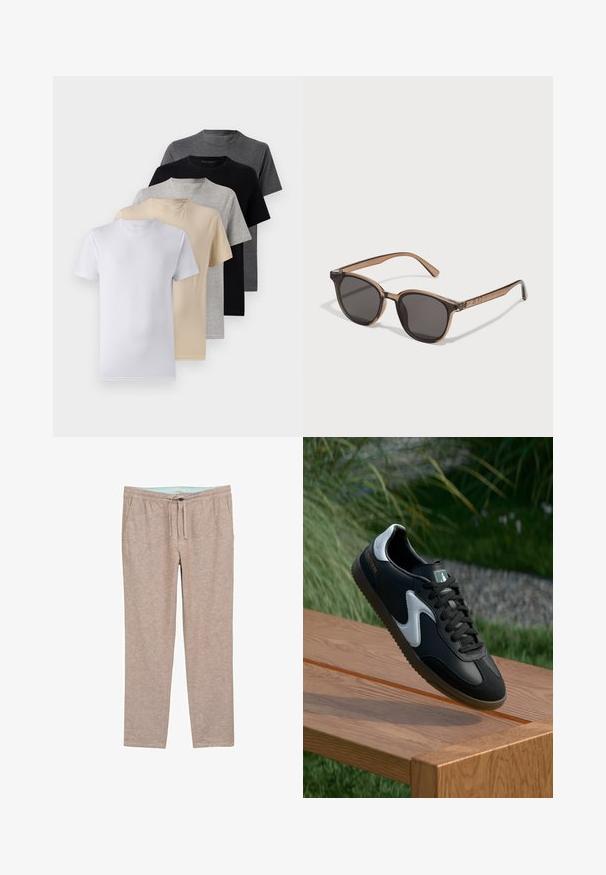 Set di cinque t-shirt a manica corta in bianco, beige, grigio chiaro, grigio scuro e nero. Realizzate in cotone morbido, con design a girocollo.; Pantaloni marrone chiaro, con una texture morbida e un fit rilassato, dotati di una vita elasticizzata e un cordoncino per un comfort regolabile.; Scarpe atletiche bianco e nero con tomaia in pelle liscia, suola testurizzata e accenti a contrasto. Presenta un logo sul lato e lacci.; Occhiali da sole in plastica marrone con lenti scure, forma arrotondata e bracci affusolati. Decorazione notevole sulle tempie.