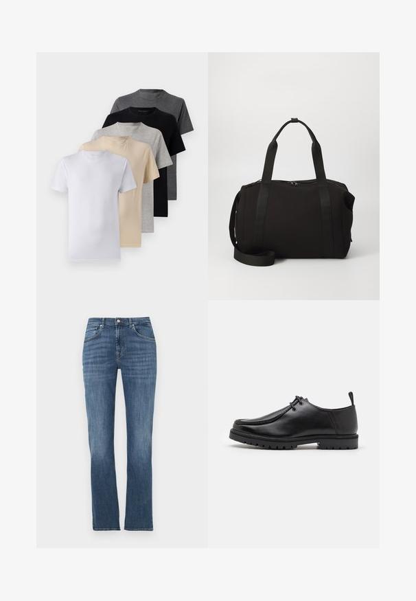 Viisi lyhythihaista t-paitaa valkoisena, beigeinä, vaaleanharmaana, tummanharmaana ja mustana. Valmistettu sileästä puuvillasta, jossa on pyöreä kaula-aukko.; Siniset suorat farkut, joissa on etutaskut, nappisuljenta ja hieman haalistuneet yksityiskohdat reisissä ja polvissa.; Musta nahkainen nauhallinen kenkä, jossa on kestävä pohja ja kantapään vetohihna, esitetty sivuprofiilista valkoista taustaa vasten.; Musta viikonloppulaukku, jossa on paksut kahvat ja irrotettava olkahihna. Valmistettu sileästä kankaasta, jossa on vetoketju suljenta ja minimalistinen muotoilu.