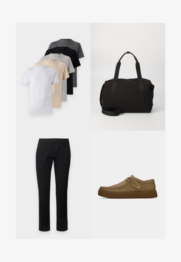Sada piatich tričiek s krátkym rukávom v bielej, béžovej, svetlošedej, tmavošedej a čiernej farbe. Vyrobené z hladkej bavlny, s dizajnom okrúhleho výstrihu.; TOM TAILOR TTJOSH Regular - Slimfit džínsy - black denim; Svetlohnedé semišové topánky s okrúhlym špičkou, prešitou detailnou úpravou a ribbovanou hnedou gumovou podrážkou. Obsahujú bočný štítok s logom "Clarks".; Čierna športová taška s hrubými uchami a odnímateľným popruhom. Vyrobená z hladkej tkaniny, s uzatváraním na zips a minimalistickým dizajnom.