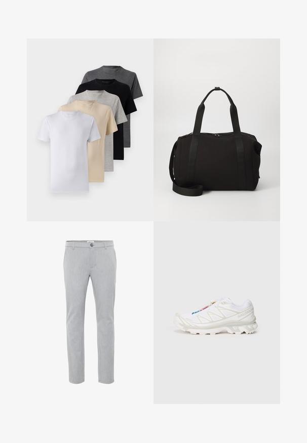 Set of five short-sleeve t-shirts in white, beige, light gray, dark gray, and black. Made of smooth cotton, featuring crew neck design.; Light grey trousers made from woven fabric, featuring a flat front, button closure, and straight legs. Clean lines and minimal detailing.; White athletic shoe with textured mesh upper, reflective accents, and a cushioned sole. Notable brand logo on the side.; Black duffel bag with thick handles and a detachable strap. Made of smooth fabric, featuring a zip closure and minimalist design.
