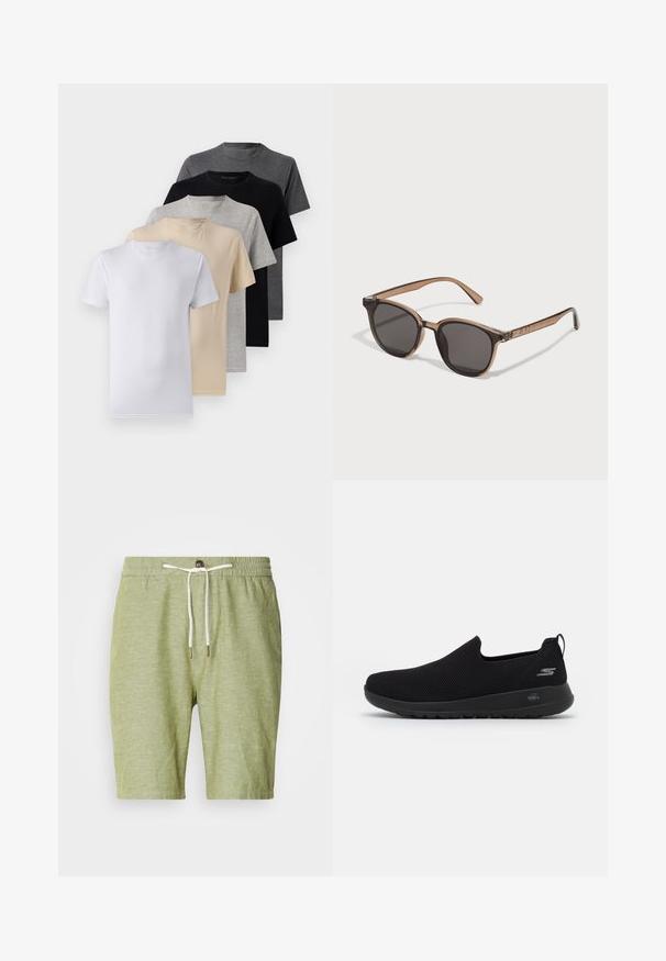 Ensemble de cinq t-shirts à manches courtes en blanc, beige, gris clair, gris foncé et noir. Fabriqués en coton doux, présentant un design à col rond.; Shorts vert clair en mélange de coton, dotés d'une taille élastique avec cordon de serrage et embouts en métal, de courte longueur et sans poches.; Baskets noires à enfiler avec une tige en mesh respirant, bout rond et semelle en caoutchouc rembourrée. Présente un logo sur le côté.; Lunettes de soleil en plastique marron avec des verres foncés, de forme arrondie et branches effilées. Ornementation notable sur les branches.