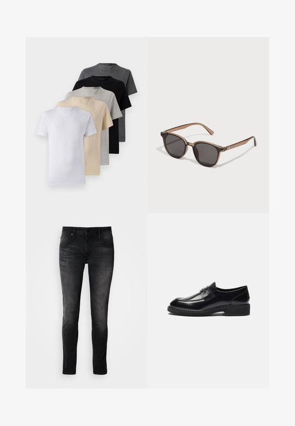 Conjunto de cinco camisetas de manga corta en blanco, beige, gris claro, gris oscuro y negro. Hechas de algodón suave, con un diseño de cuello redondo.; Jeans de mezclilla negra con un ajuste slim, diseño de cinco bolsillos, un leve desgastado y costuras en contraste. Presentan un cierre clásico de botón metálico y cremallera.; Zign LEATHER - Mocasines elegantes - black; Gafas de sol de plástico marrón con lentes oscuros, forma redondeada y patillas estrechas. Adorno notable en las varillas.; Bolsa de deporte negra con asas gruesas y una correa desmontable. Fabricada en un tejido suave, cuenta con un cierre de cremallera y un diseño minimalista.