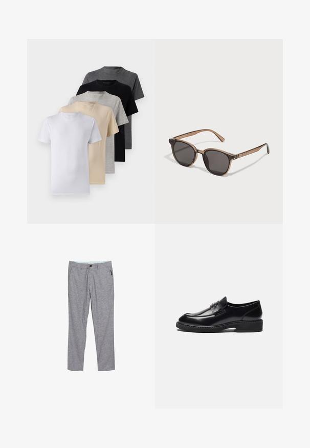 Piecu īsām piedurknēm T-kreklu komplekts baltā, bēšā, gaiši pelēkā, tumši pelēkā un melnā krāsā. Izgatavoti no gludas kokvilnas, ar apaļu kakla izgriezumu.; Pelēki taisna piegriezuma bikses no teksturēta auduma. Iekļauj pogu aizdari, jostu cilpas un nelielu sānu kabatu.; Zign LEATHER - Lietišķa stila kurpes - black; Brūnas plastmasas saulesbrilles ar tumšo lēcu, noapaļotu formu un sašaurinātām kājiņām. Ievērojama rotājuma detaļa uz tempļiem.; Melna sporta soma ar biezām rokturiem un noņemamu siksnu. Izgatavota no gludas auduma, ar rāvējslēdzēja aizdari un minimālisma dizainu.