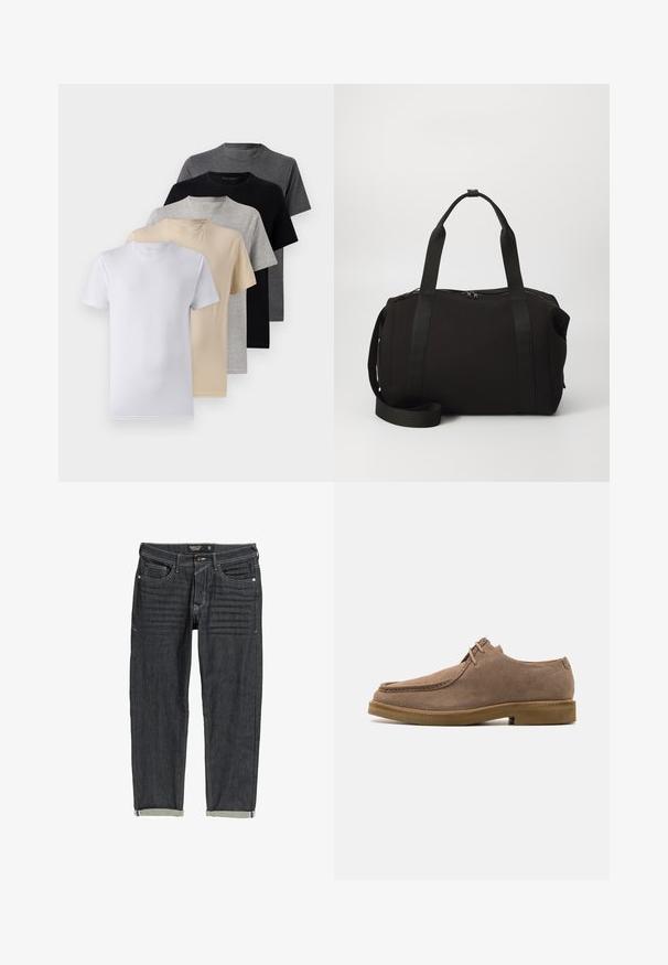 Penki trumpomis rankovėmis marškiniai, baltos, smėlio, šviesiai pilkos, tamsiai pilkos ir juodos spalvų. Pagaminti iš švelnaus medvilnės, suapvalinto kaklo dizainu.; Tamsiai mėlynos džinsinės kelnės su tiesiu kirpimu, šviesiomis siūlėmis, penkiais kišenėmis ir apvyniotais iškulniais. Textūruotas audinys.; Zign LEATHER - Kasdieniai suvarstomi batai - taupe; Juodas sportinis krepšys su storomis rankenomis ir nuimamu diržu. Pagamintas iš lygaus audinio, turi užtrauktuką ir minimalistinį dizainą.