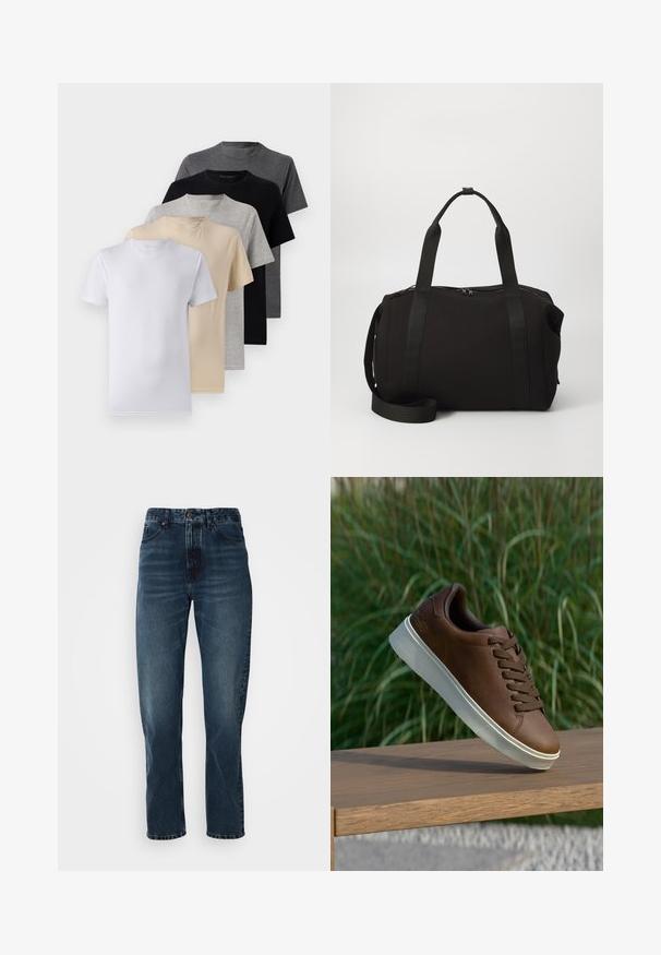 Viie lühikese varrukaga T-särgi komplekt, mis sisaldab valget, beeži, heletüüki, tumehallit ja musta. Valmistatud siledast puuvillast, ümmarguse kaela disainiga.; Tumedatest sinistest värvi sirgedest pükstest, ees nupuklõpsu ja lukuga, viie tasku disainiga ning peene hägususega reites ja põlvedes.; Pruun nahast tenniseking valge kummist tallaga, ümar varvas ja pruunid laced. Talla tekstuuriline haardepind ja ülemise sile pind.; Must must sõjaline kott, paksude kangide ja eemaldatava rihmaga. Valmistatud siledast kangast, millel on lukuga sulgemine ja minimalistlik disain.